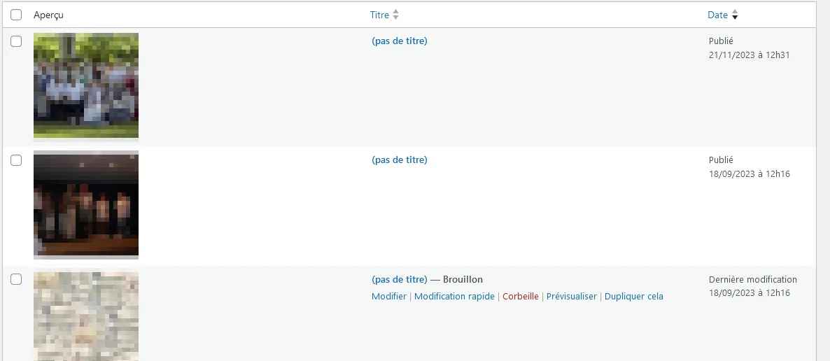 Liste d'images dans le back office de WordPress